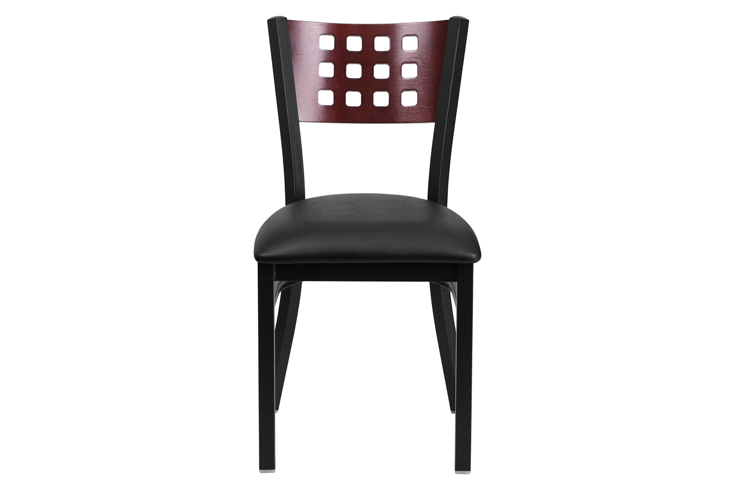 BLNK HERCULES Series Black Metal Cutout Back Restaurant Chair with Mahogany Wood Back and Vinyl Seat - Black