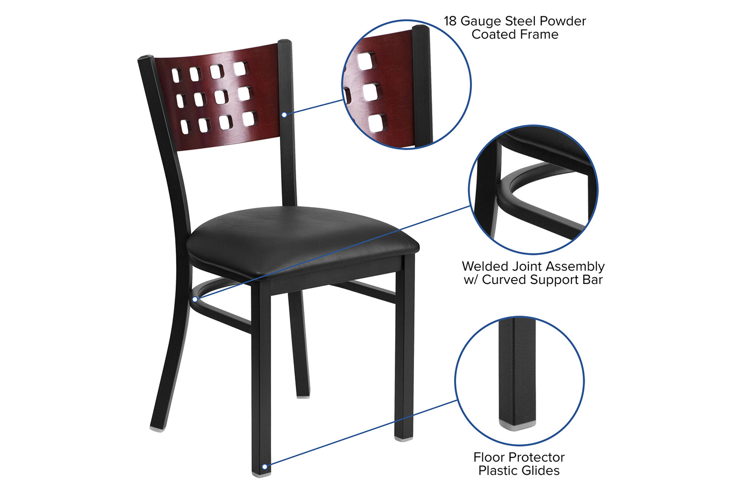 BLNK HERCULES Series Black Metal Cutout Back Restaurant Chair with Mahogany Wood Back and Vinyl Seat - Black