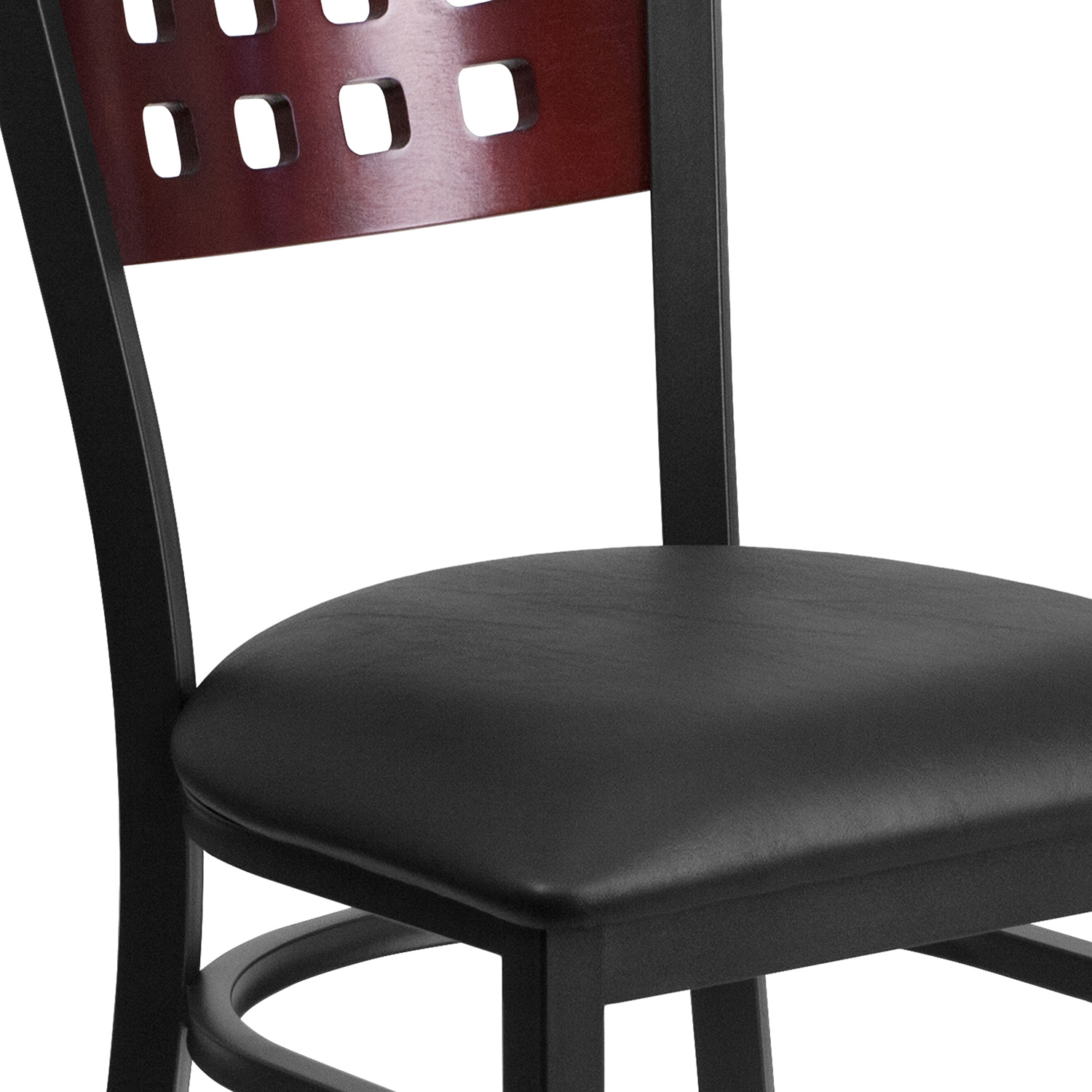 BLNK HERCULES Series Black Metal Cutout Back Restaurant Chair with Mahogany Wood Back and Vinyl Seat - Black