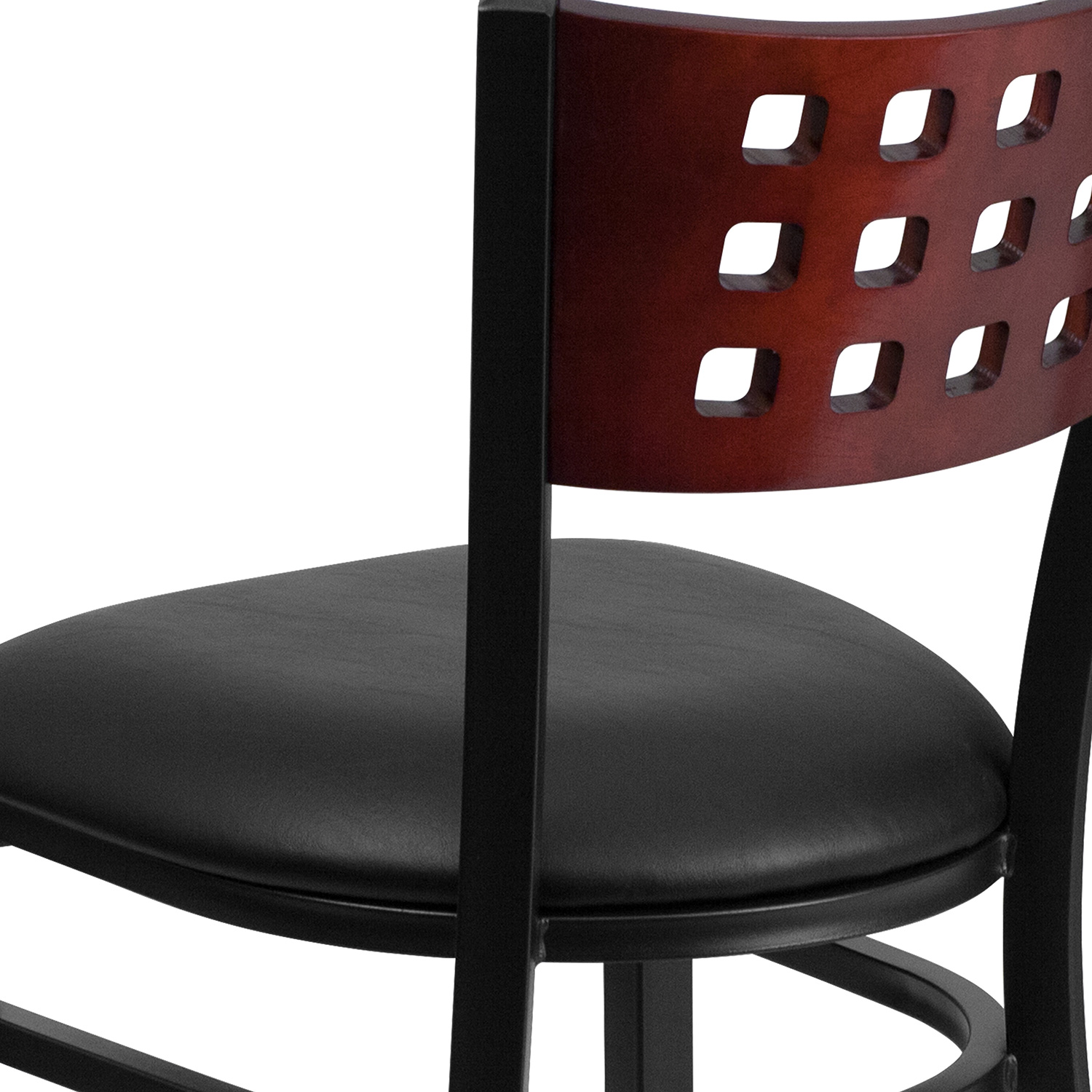 BLNK HERCULES Series Black Metal Cutout Back Restaurant Chair with Mahogany Wood Back and Vinyl Seat - Black