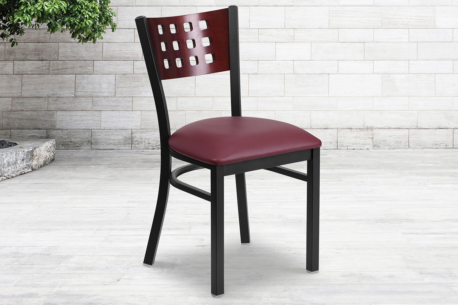 BLNK HERCULES Series Black Metal Cutout Back Restaurant Chair with Mahogany Wood Back and Vinyl Seat