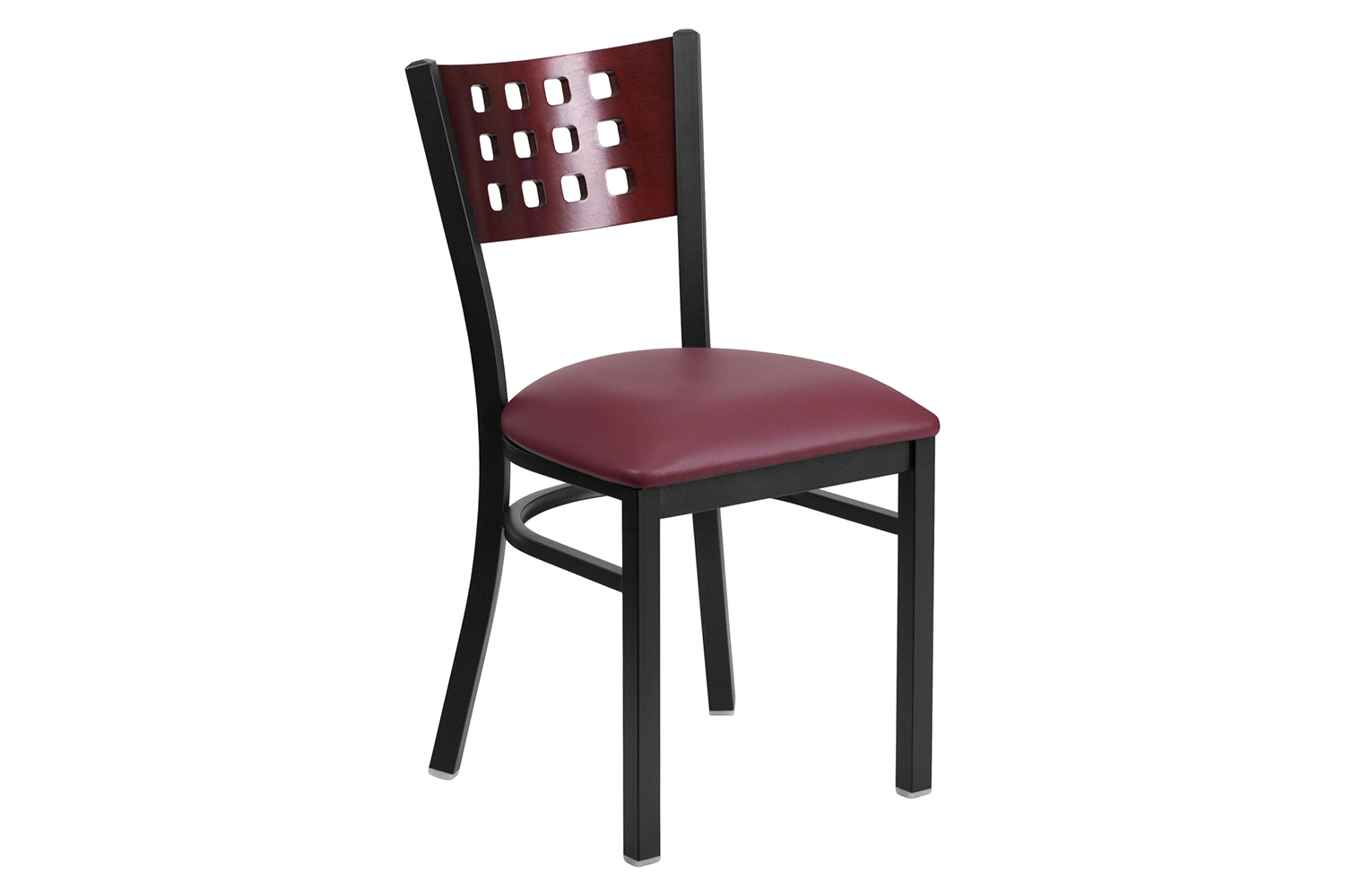 BLNK HERCULES Series Black Metal Cutout Back Restaurant Chair with Mahogany Wood Back and Vinyl Seat - Burgundy