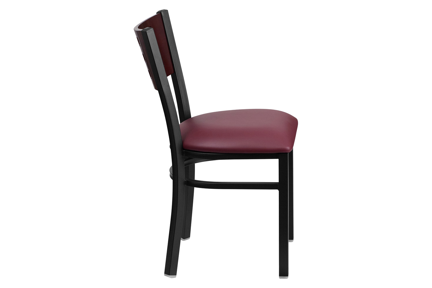 BLNK HERCULES Series Black Metal Cutout Back Restaurant Chair with Mahogany Wood Back and Vinyl Seat - Burgundy