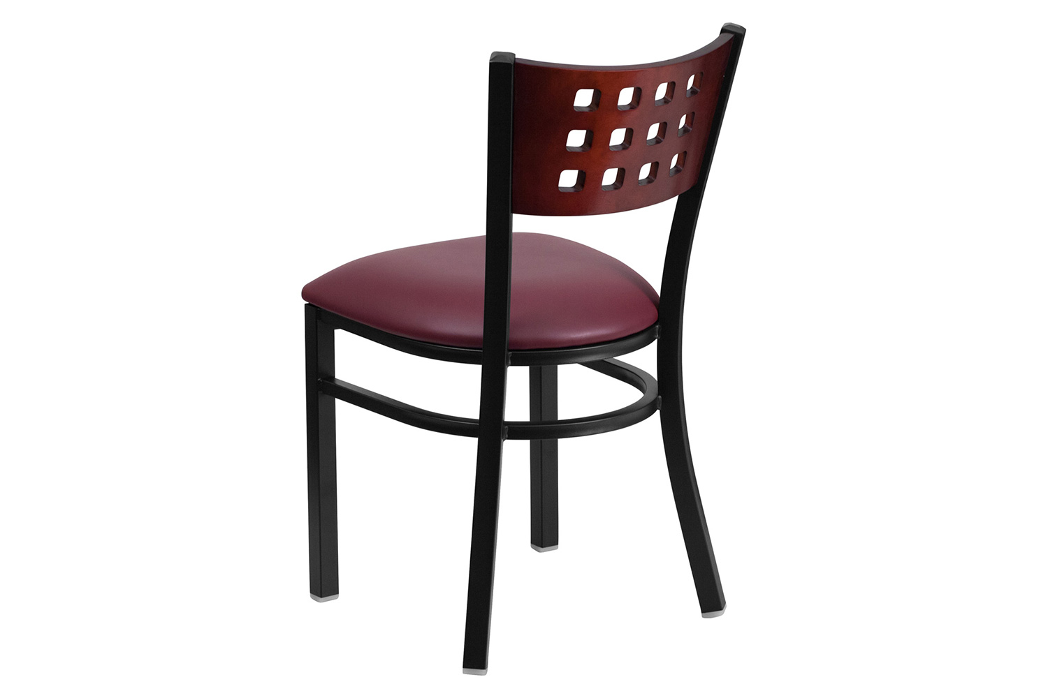 BLNK HERCULES Series Black Metal Cutout Back Restaurant Chair with Mahogany Wood Back and Vinyl Seat - Burgundy