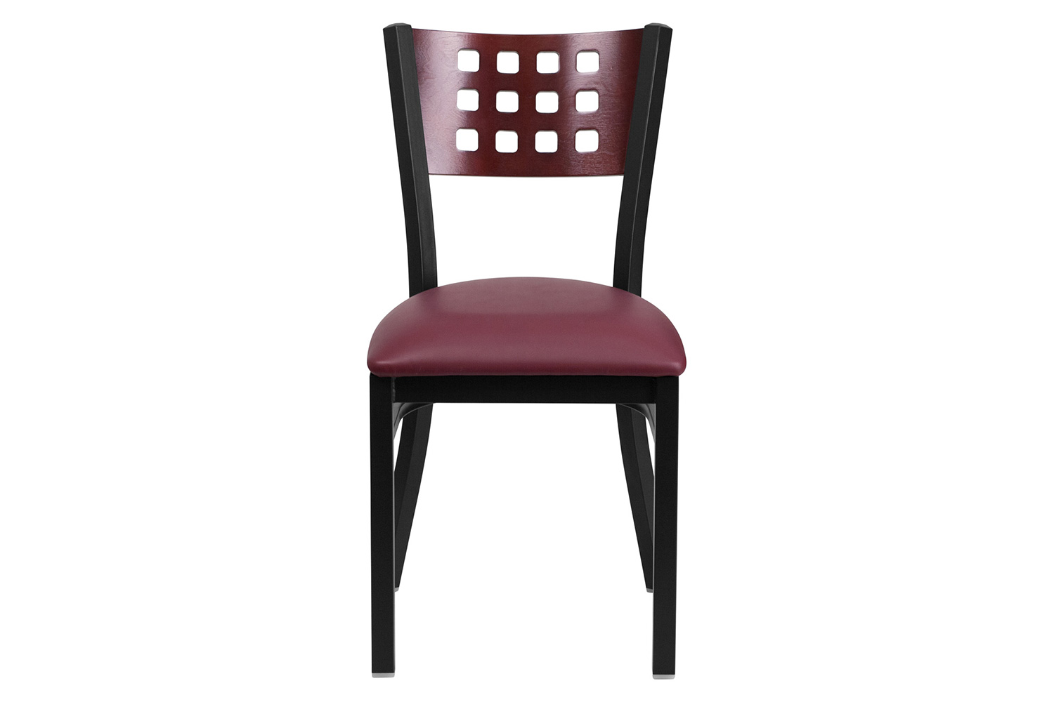 BLNK HERCULES Series Black Metal Cutout Back Restaurant Chair with Mahogany Wood Back and Vinyl Seat - Burgundy