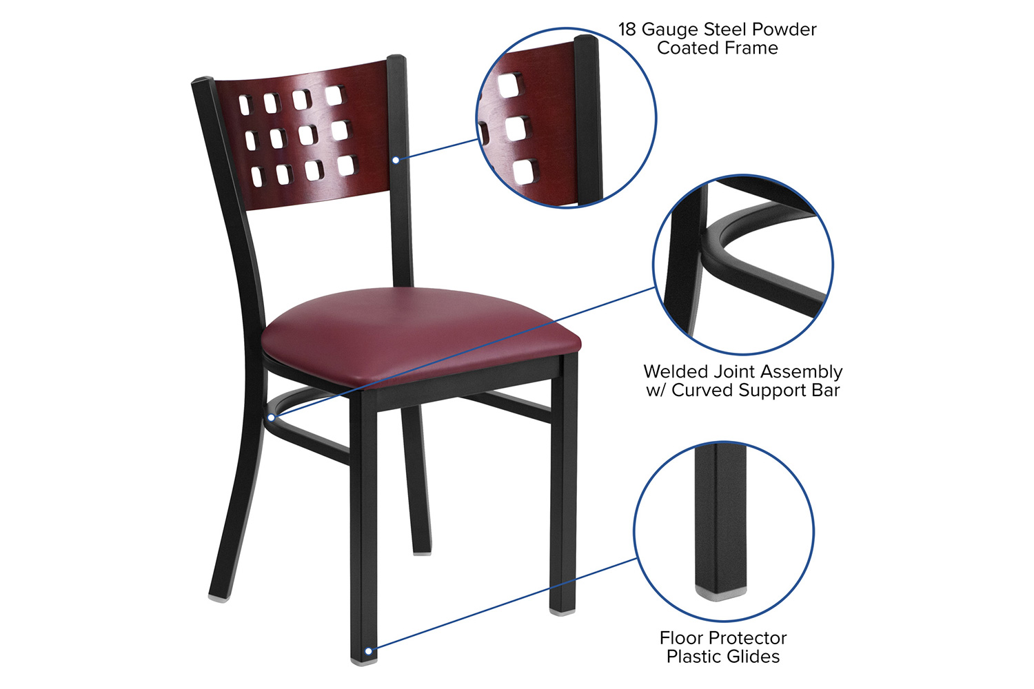 BLNK HERCULES Series Black Metal Cutout Back Restaurant Chair with Mahogany Wood Back and Vinyl Seat - Burgundy