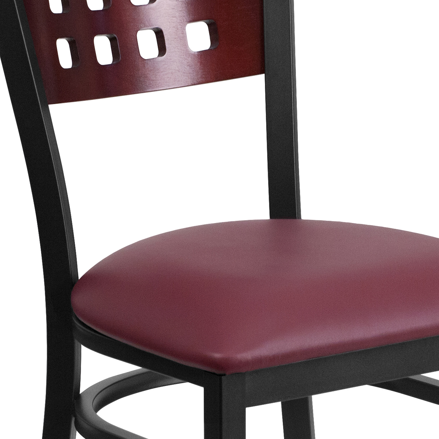 BLNK HERCULES Series Black Metal Cutout Back Restaurant Chair with Mahogany Wood Back and Vinyl Seat - Burgundy