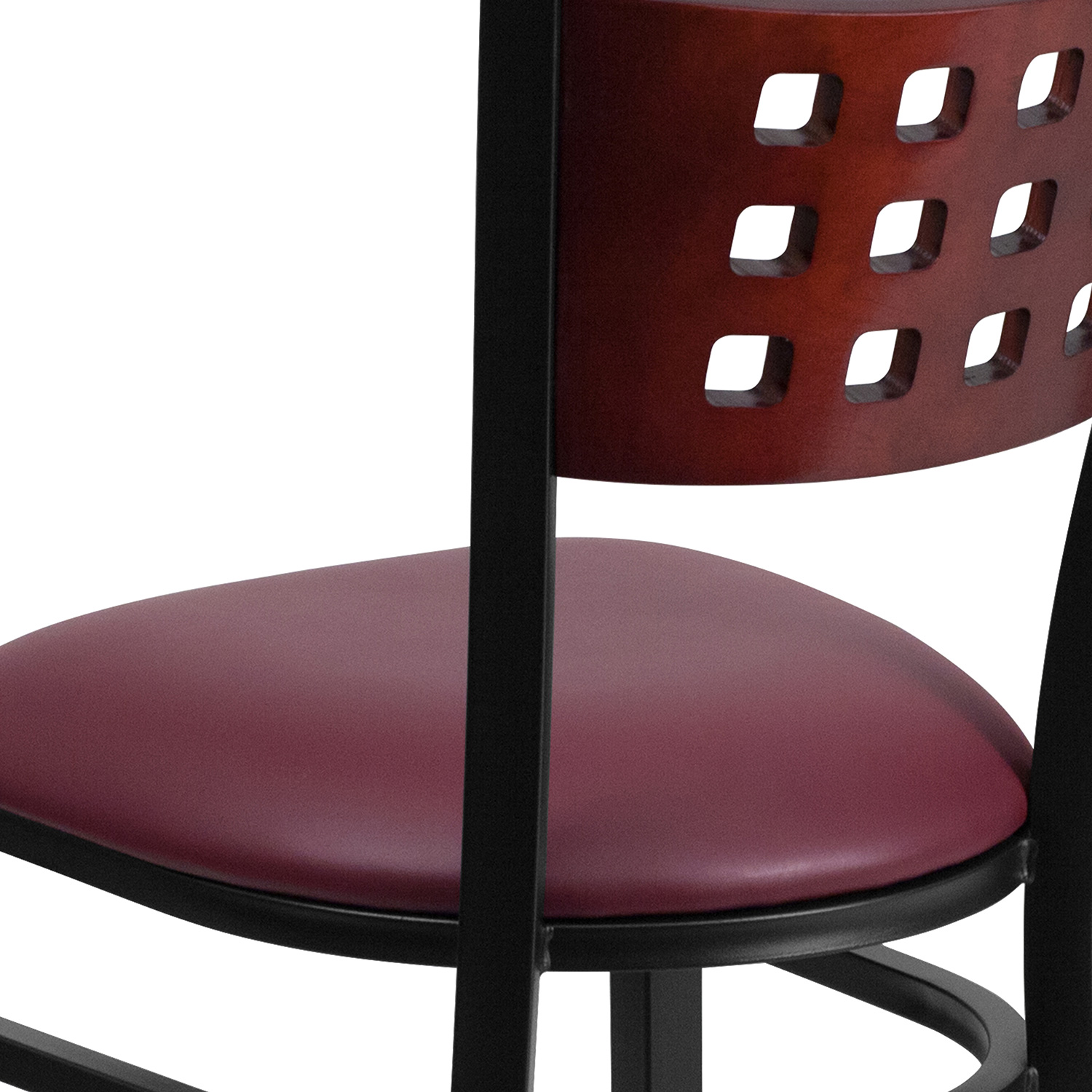 BLNK HERCULES Series Black Metal Cutout Back Restaurant Chair with Mahogany Wood Back and Vinyl Seat - Burgundy