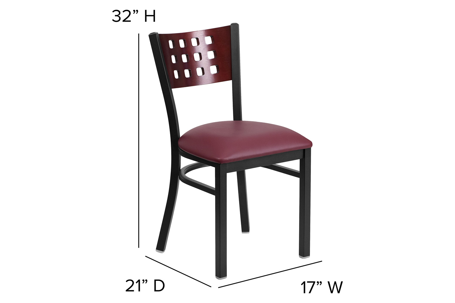 BLNK HERCULES Series Black Metal Cutout Back Restaurant Chair with Mahogany Wood Back and Vinyl Seat - Burgundy