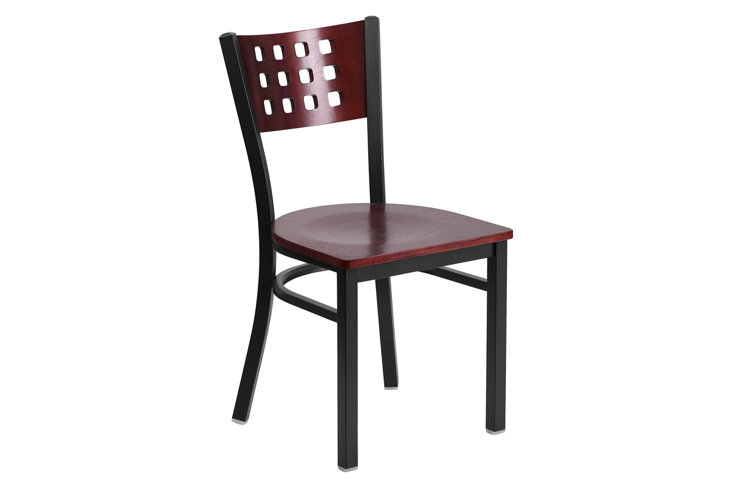 BLNK - HERCULES Series Black Metal Cutout Back Restaurant Chair with Mahogany Wood Back and Seat