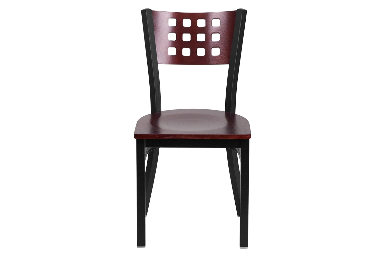 BLNK - HERCULES Series Black Metal Cutout Back Restaurant Chair with Mahogany Wood Back and Seat