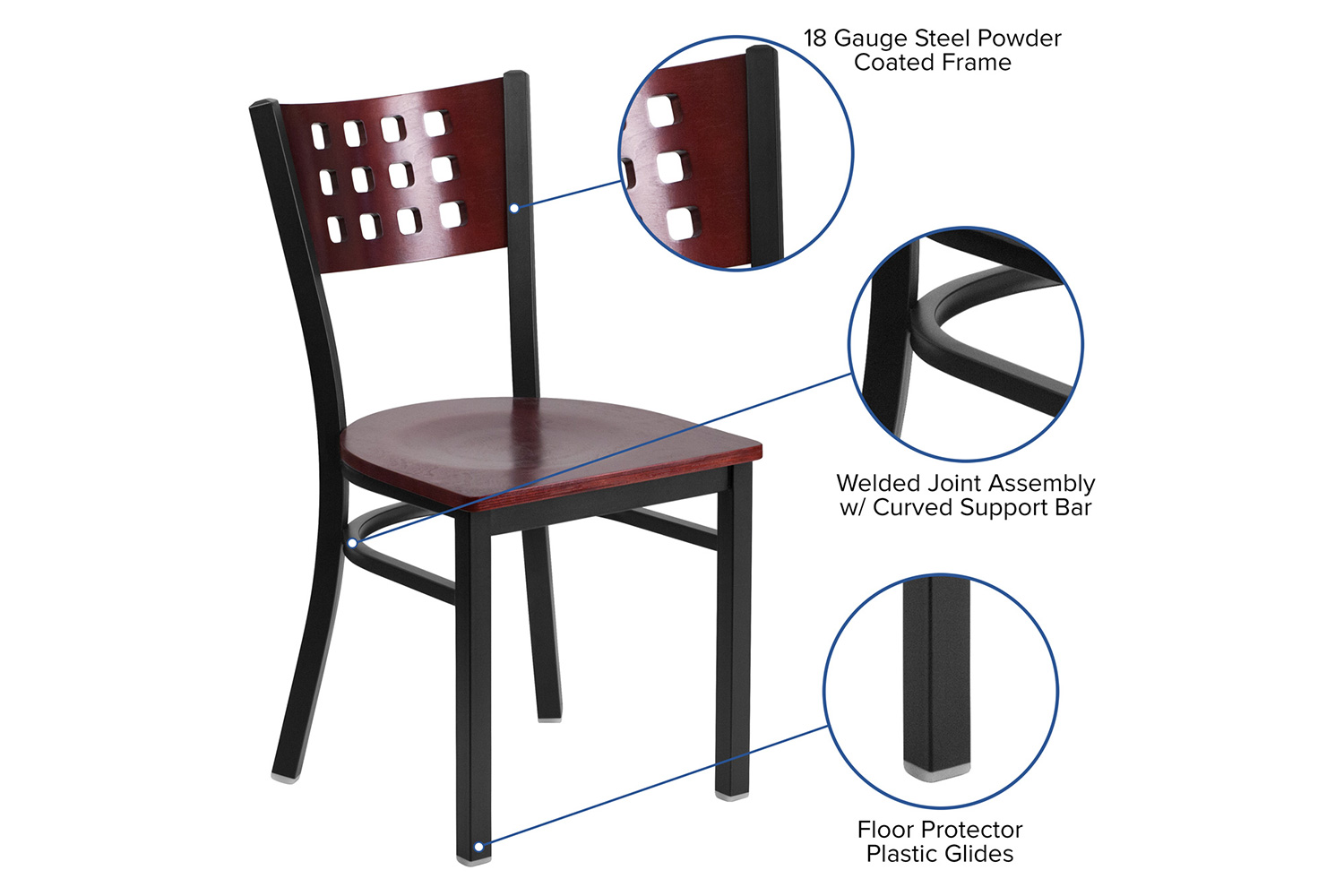 BLNK - HERCULES Series Black Metal Cutout Back Restaurant Chair with Mahogany Wood Back and Seat