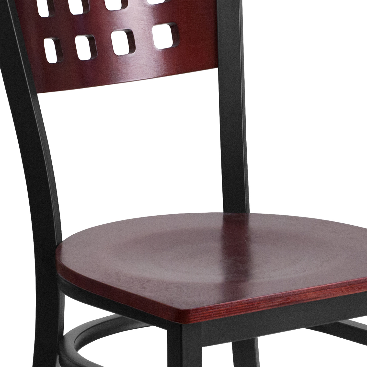 BLNK - HERCULES Series Black Metal Cutout Back Restaurant Chair with Mahogany Wood Back and Seat