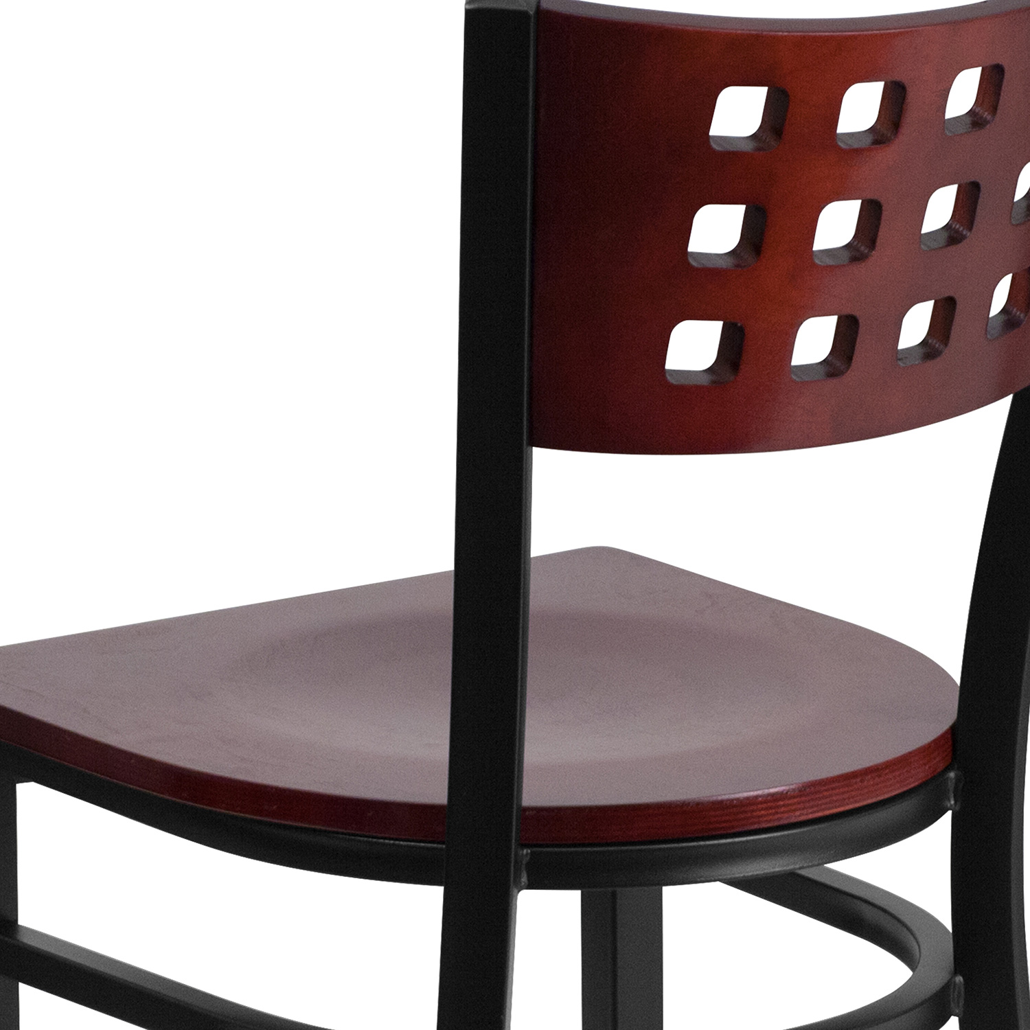 BLNK - HERCULES Series Black Metal Cutout Back Restaurant Chair with Mahogany Wood Back and Seat