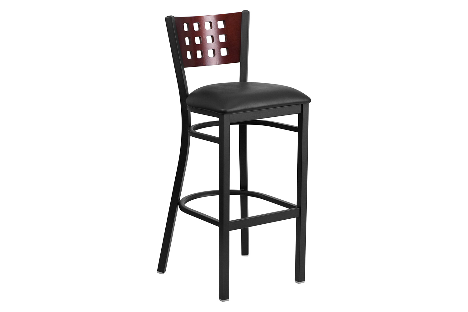 BLNK HERCULES Series Black Metal Cutout Back Restaurant Bar Stool with Mahogany Wood Back and Vinyl Seat