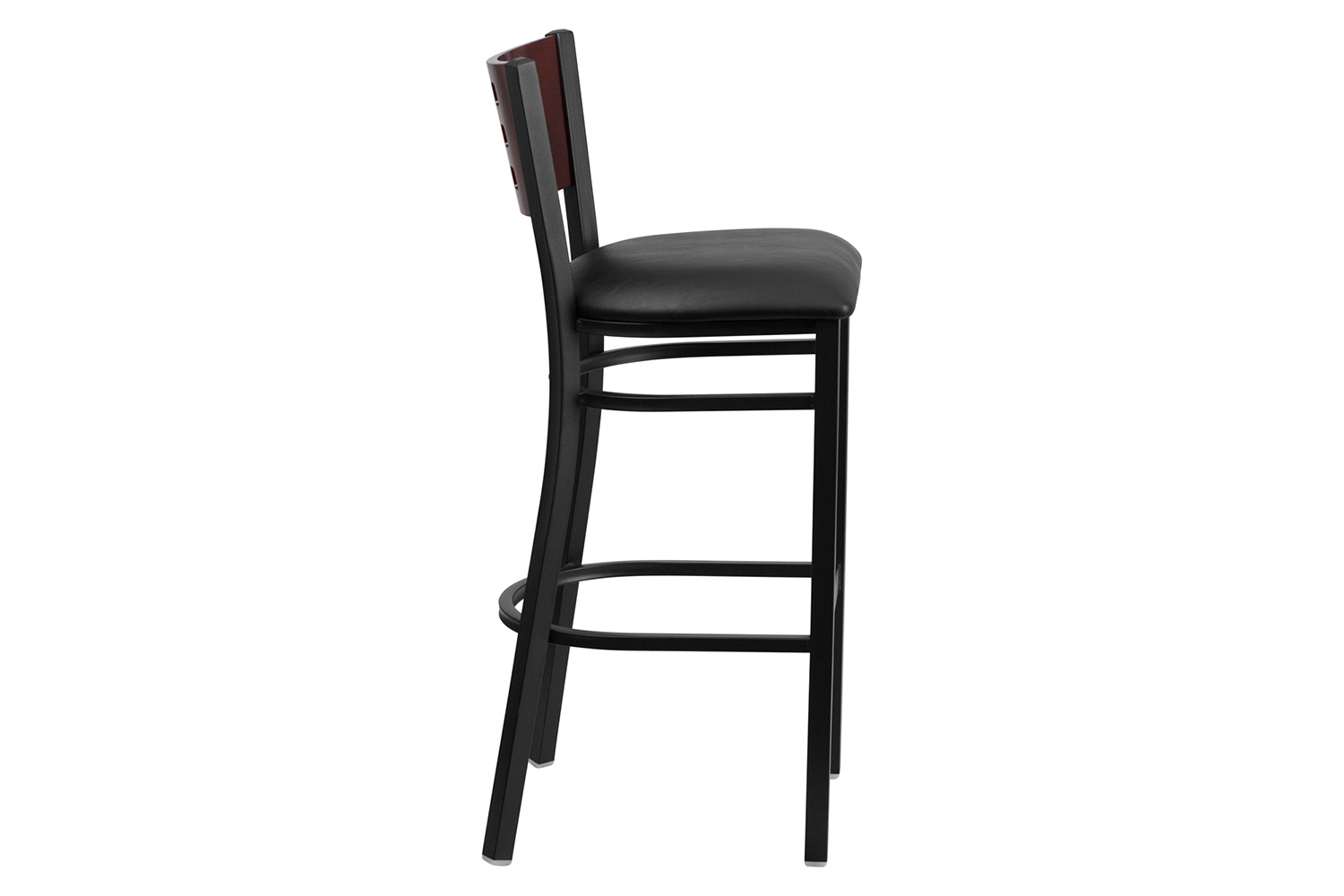 BLNK HERCULES Series Black Metal Cutout Back Restaurant Bar Stool with Mahogany Wood Back and Vinyl Seat - Black