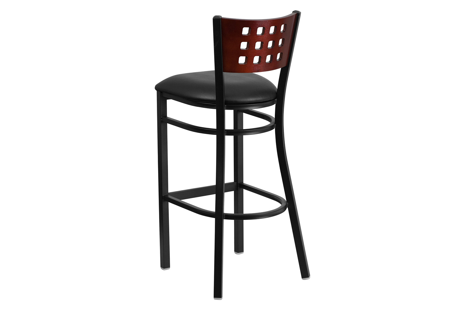 BLNK HERCULES Series Black Metal Cutout Back Restaurant Bar Stool with Mahogany Wood Back and Vinyl Seat - Black