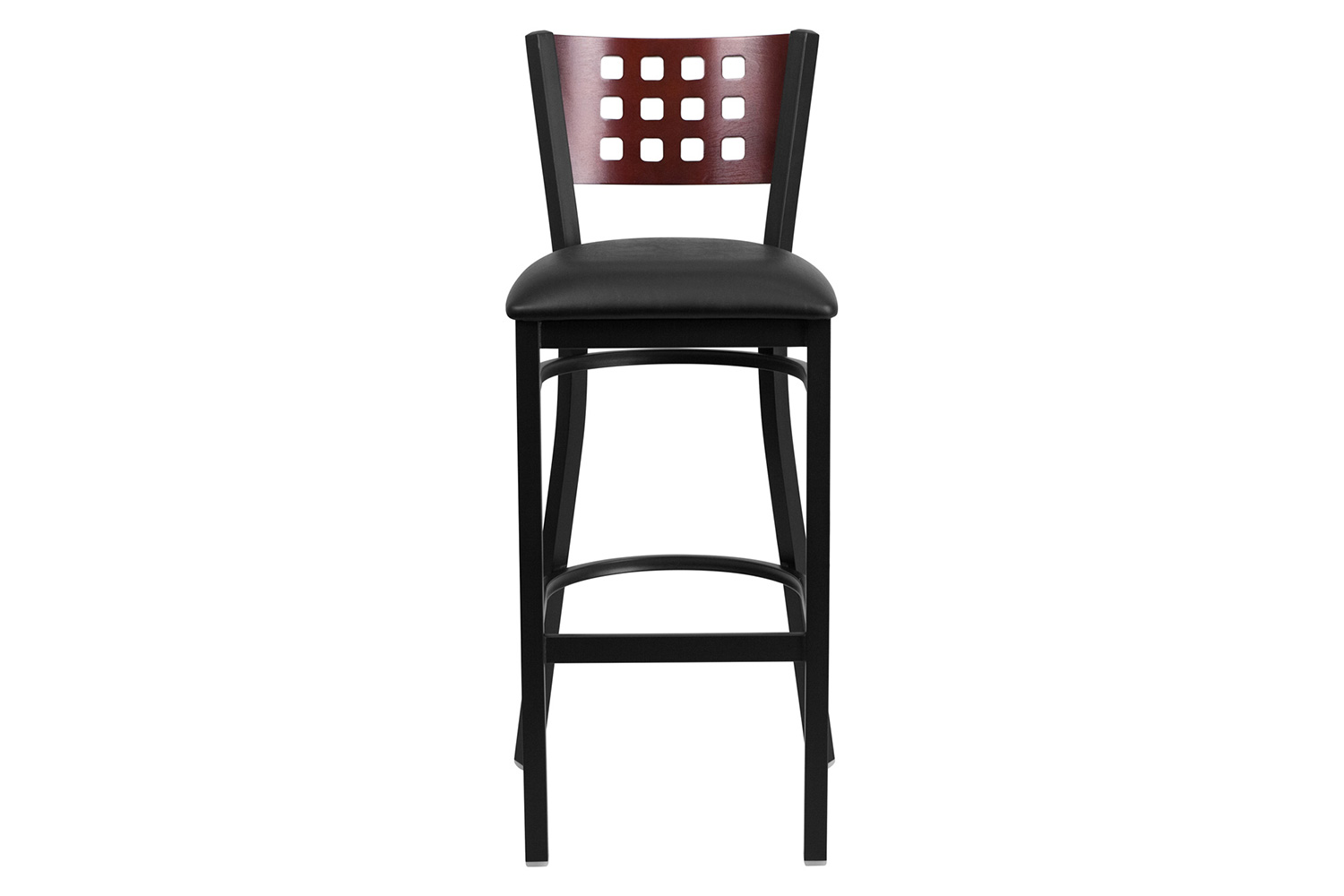 BLNK HERCULES Series Black Metal Cutout Back Restaurant Bar Stool with Mahogany Wood Back and Vinyl Seat - Black