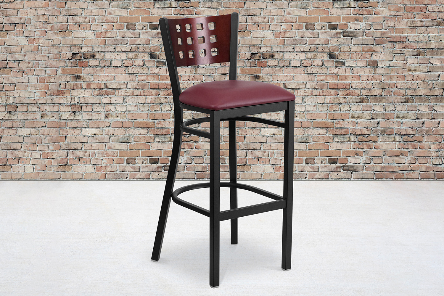 BLNK HERCULES Series Black Metal Cutout Back Restaurant Bar Stool with Mahogany Wood Back and Vinyl Seat