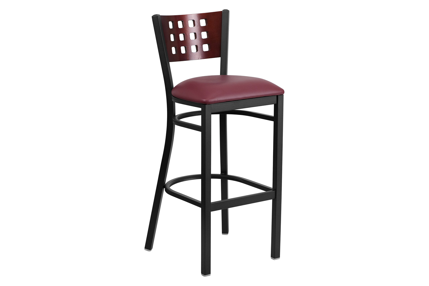 BLNK HERCULES Series Black Metal Cutout Back Restaurant Bar Stool with Mahogany Wood Back and Vinyl Seat - Burgundy