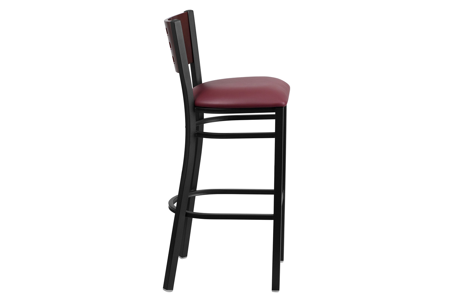 BLNK HERCULES Series Black Metal Cutout Back Restaurant Bar Stool with Mahogany Wood Back and Vinyl Seat - Burgundy