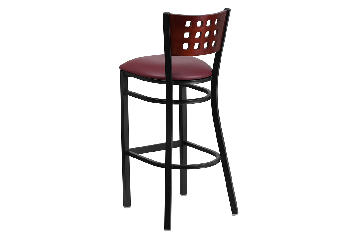 BLNK HERCULES Series Black Metal Cutout Back Restaurant Bar Stool with Mahogany Wood Back and Vinyl Seat - Burgundy