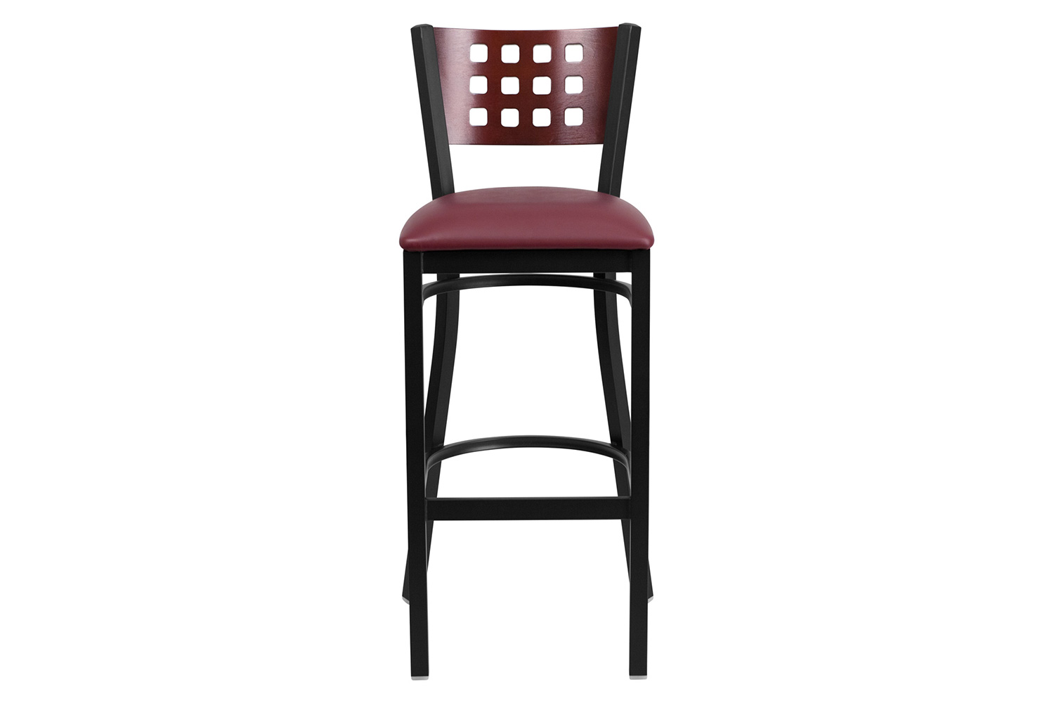 BLNK HERCULES Series Black Metal Cutout Back Restaurant Bar Stool with Mahogany Wood Back and Vinyl Seat - Burgundy