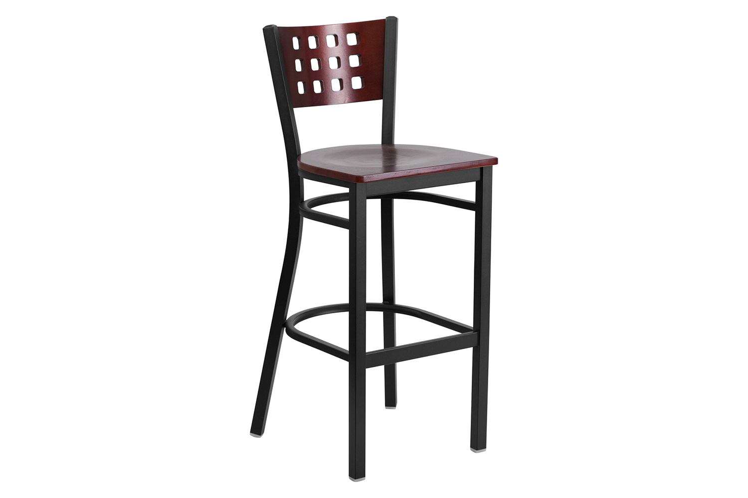 BLNK - HERCULES Series Black Metal Cutout Back Restaurant Bar Stool with Mahogany Wood Back and Seat