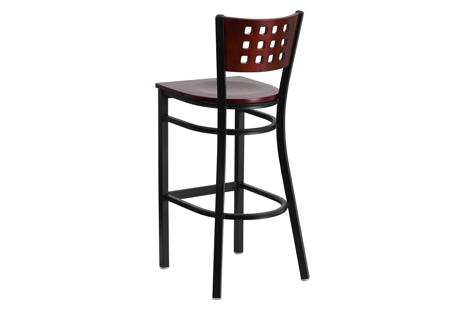 BLNK - HERCULES Series Black Metal Cutout Back Restaurant Bar Stool with Mahogany Wood Back and Seat