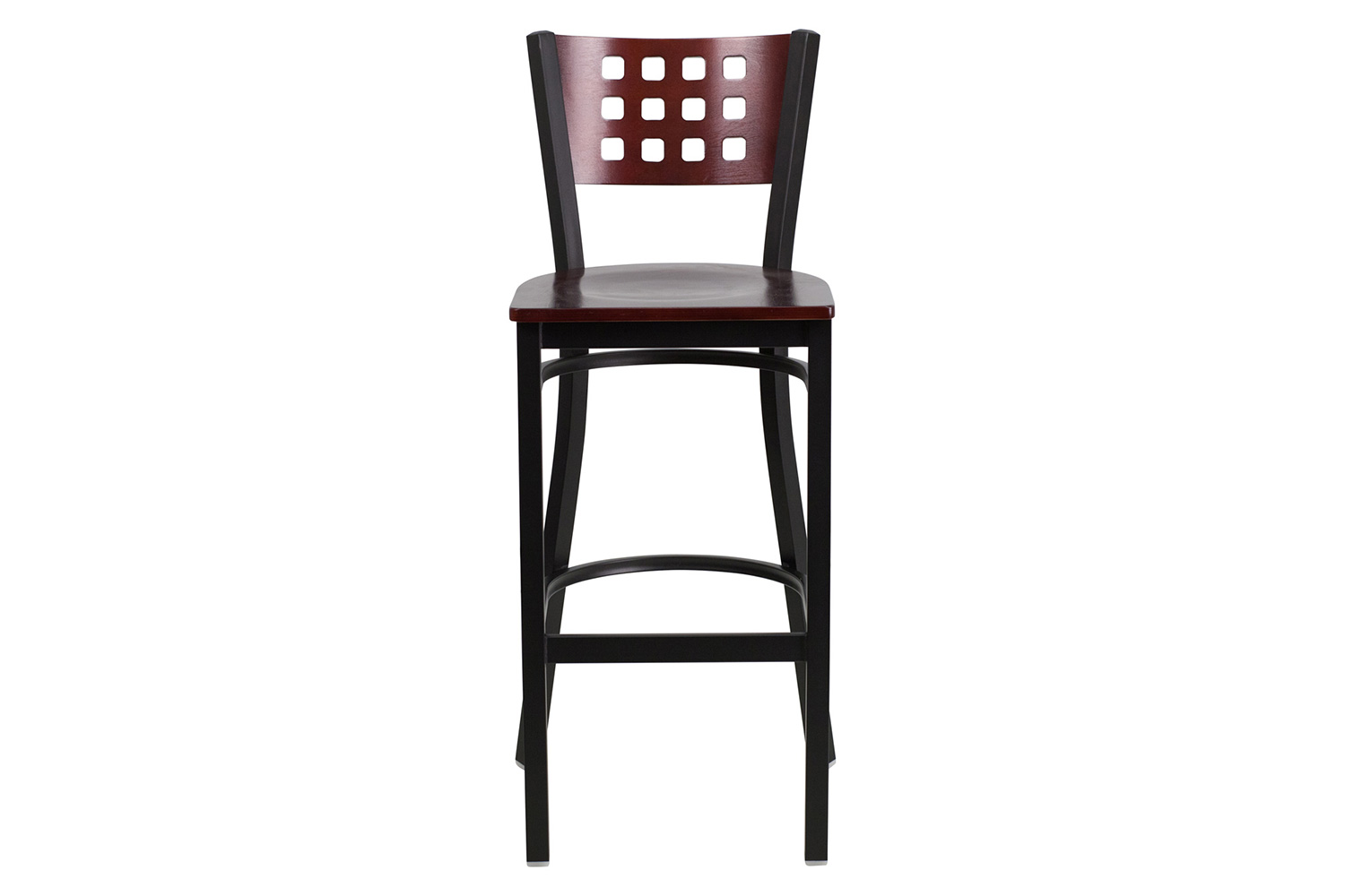 BLNK - HERCULES Series Black Metal Cutout Back Restaurant Bar Stool with Mahogany Wood Back and Seat