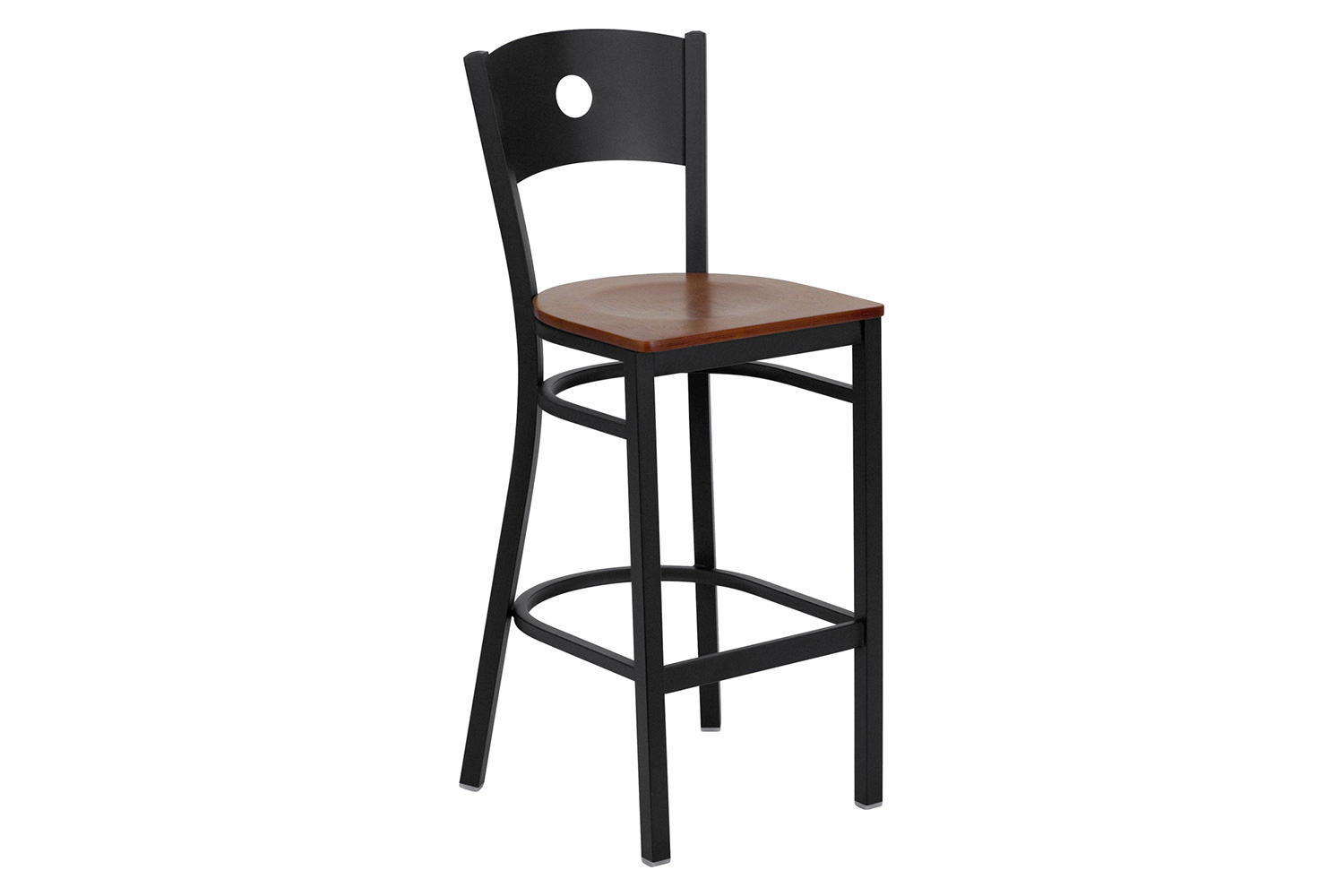 BLNK HERCULES Series Black Metal Circle Back Restaurant Bar Stool with Wood Seat - Cherry