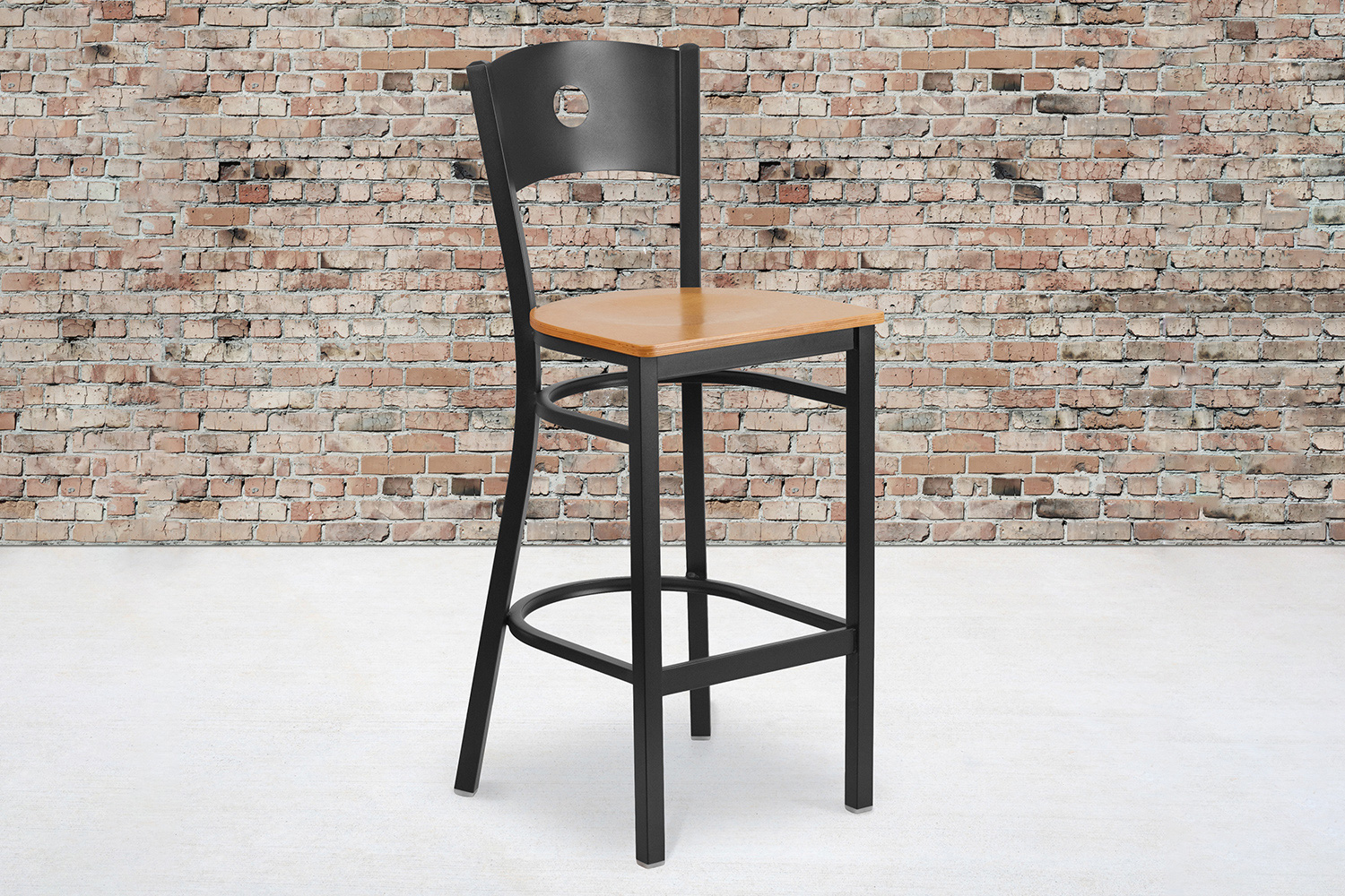 BLNK HERCULES Series Black Metal Circle Back Restaurant Bar Stool with Wood Seat