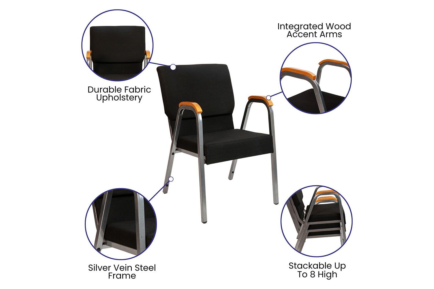 BLNK™ HERCULES Series Fabric Stacking Wood Accent Arm Church Chair with Silver Vein Frame - Black