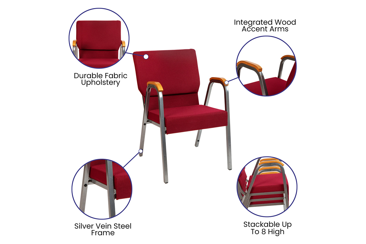 BLNK™ HERCULES Series Fabric Stacking Wood Accent Arm Church Chair with Silver Vein Frame - Burgundy