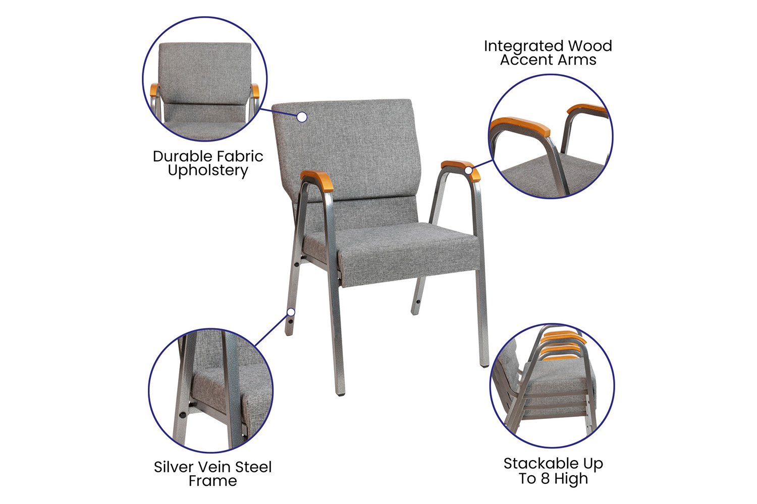 BLNK™ HERCULES Series Fabric Stacking Wood Accent Arm Church Chair with Silver Vein Frame - Gray