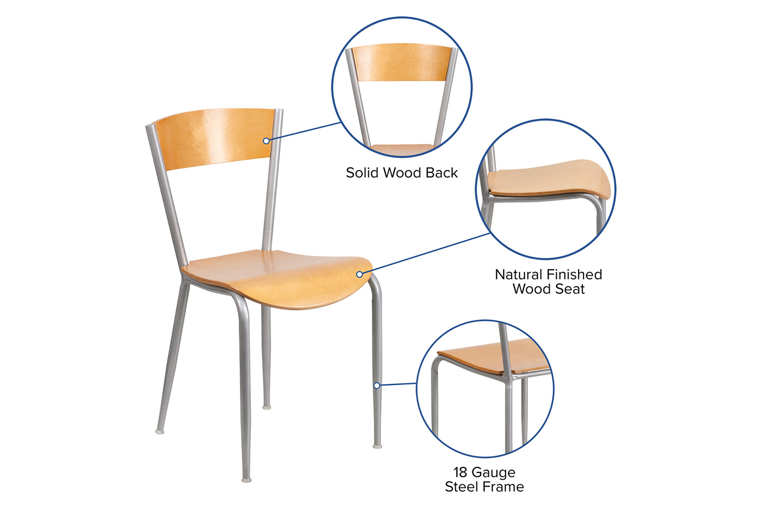 BLNK - Invincible Series Silver Metal Restaurant Chair with Natural Wood Back and Seat