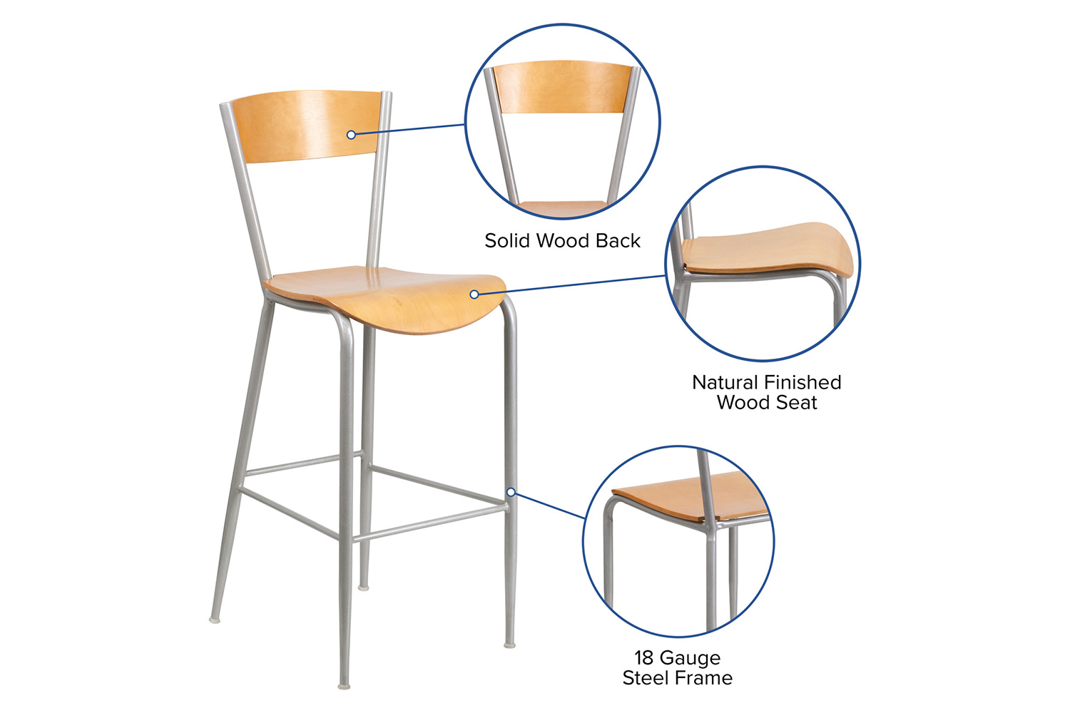 BLNK - Invincible Series Silver Restaurant Bar Stool with Natural Wood Back and Seat