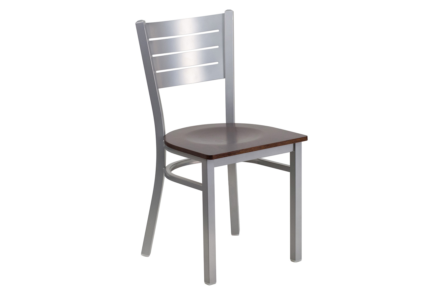 BLNK HERCULES Series Silver Metal Slat Back Restaurant Chair with Wood Seat - Walnut