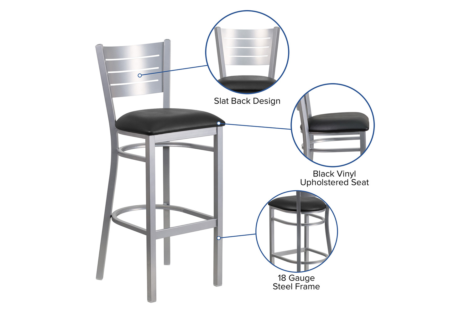 BLNK HERCULES Series Silver Metal Slat Back Restaurant Bar Stool with Vinyl Seat - Black