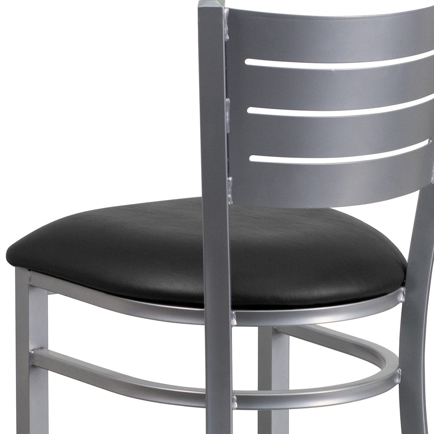 BLNK HERCULES Series Silver Metal Slat Back Restaurant Bar Stool with Vinyl Seat - Black