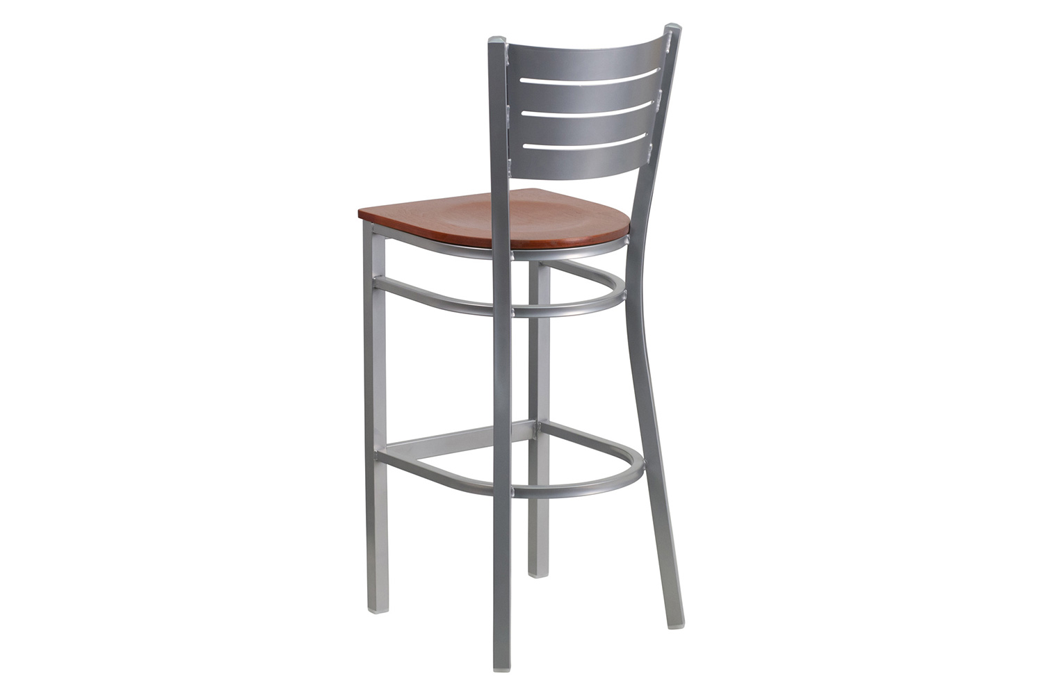 BLNK HERCULES Series Silver Metal Slat Back Restaurant Bar Stool with Wood Seat - Cherry