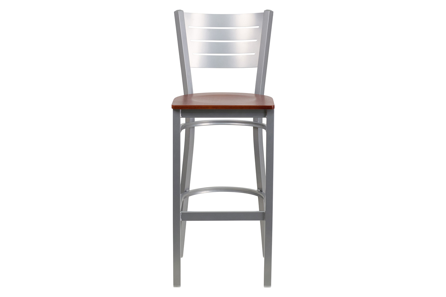 BLNK HERCULES Series Silver Metal Slat Back Restaurant Bar Stool with Wood Seat - Cherry