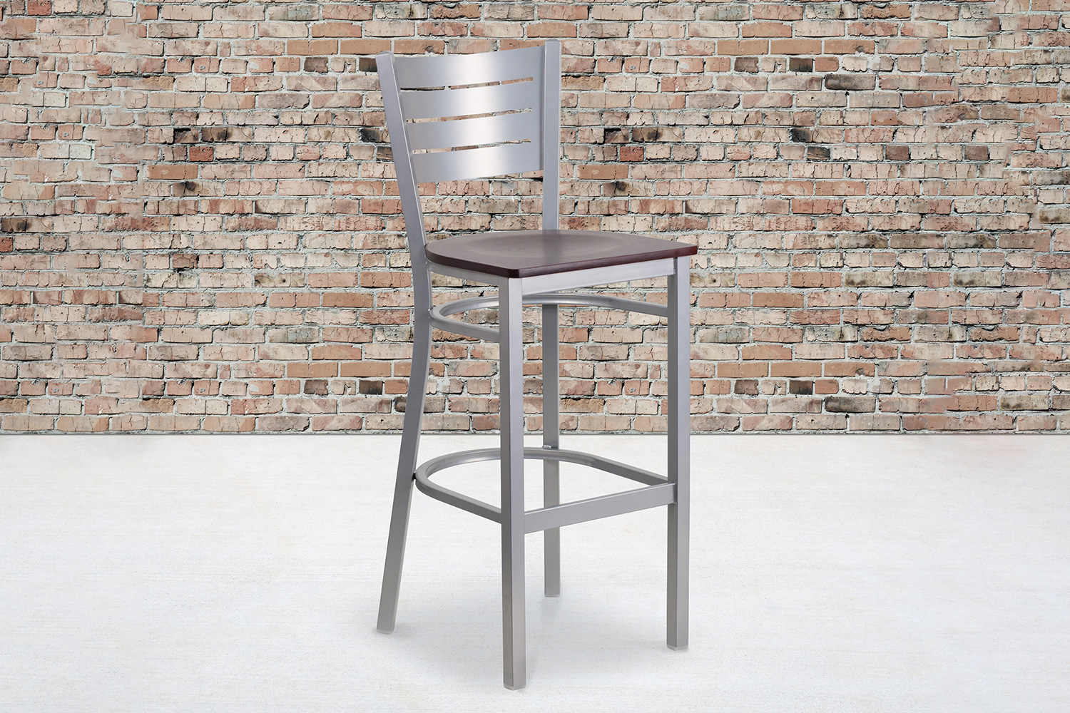 BLNK HERCULES Series Silver Metal Slat Back Restaurant Bar Stool with Wood Seat