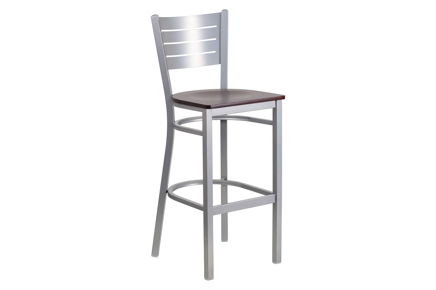 BLNK HERCULES Series Silver Metal Slat Back Restaurant Bar Stool with Wood Seat - Mahogany