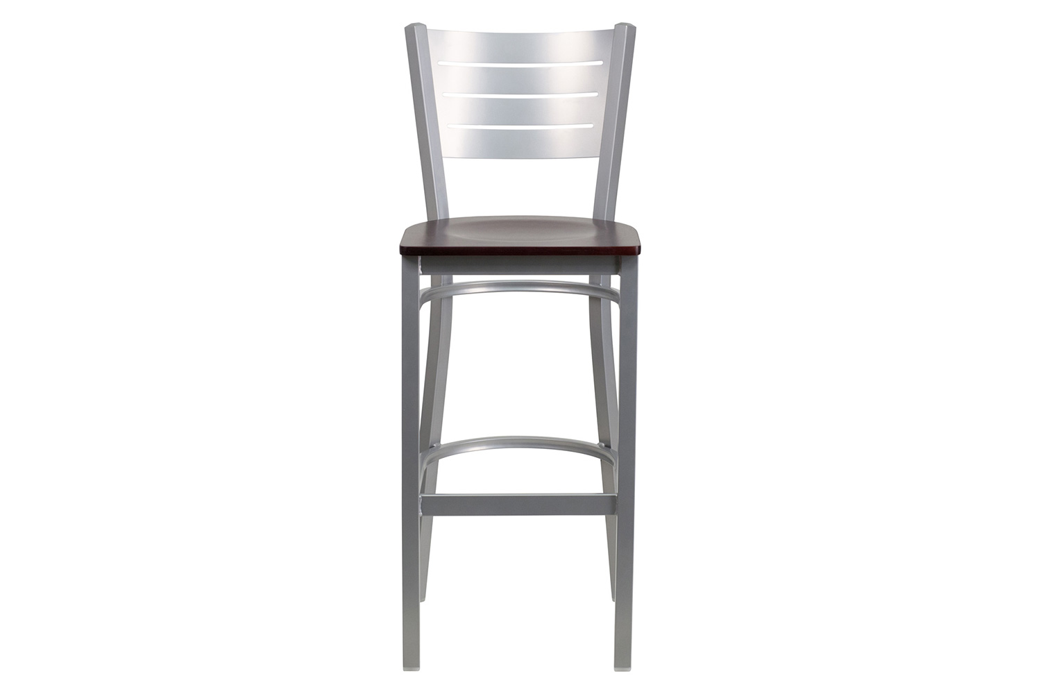 BLNK HERCULES Series Silver Metal Slat Back Restaurant Bar Stool with Wood Seat - Mahogany