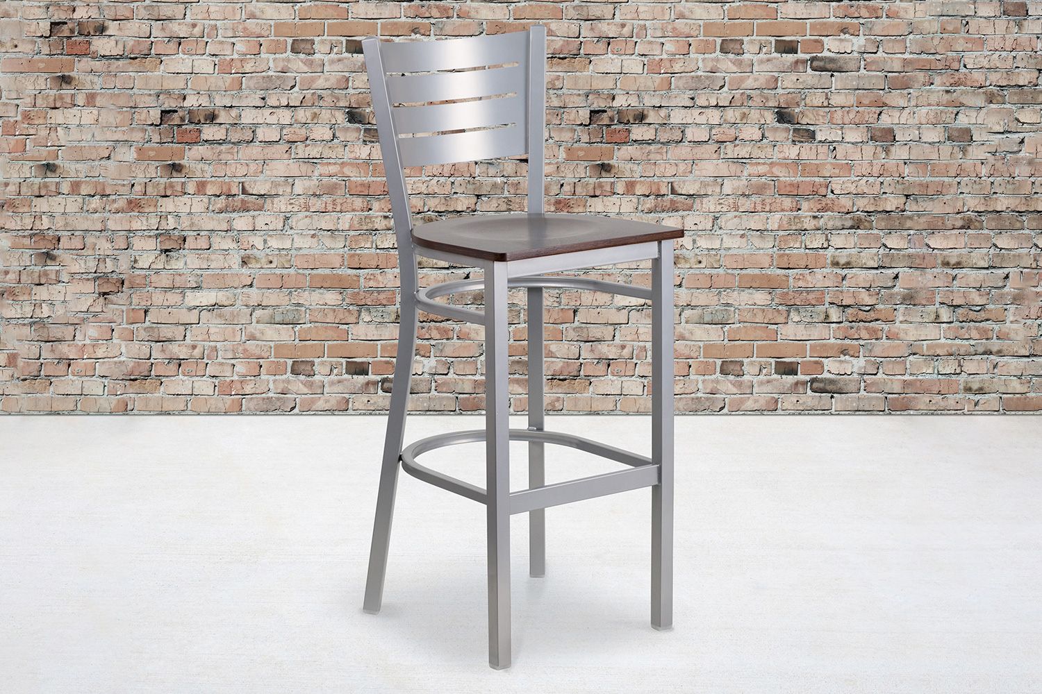 BLNK HERCULES Series Silver Metal Slat Back Restaurant Bar Stool with Wood Seat