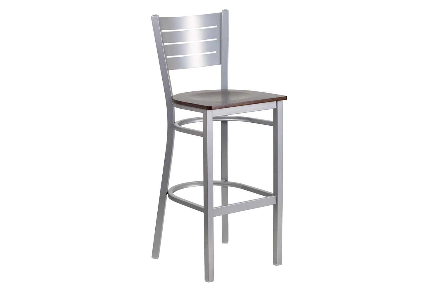 BLNK HERCULES Series Silver Metal Slat Back Restaurant Bar Stool with Wood Seat - Walnut