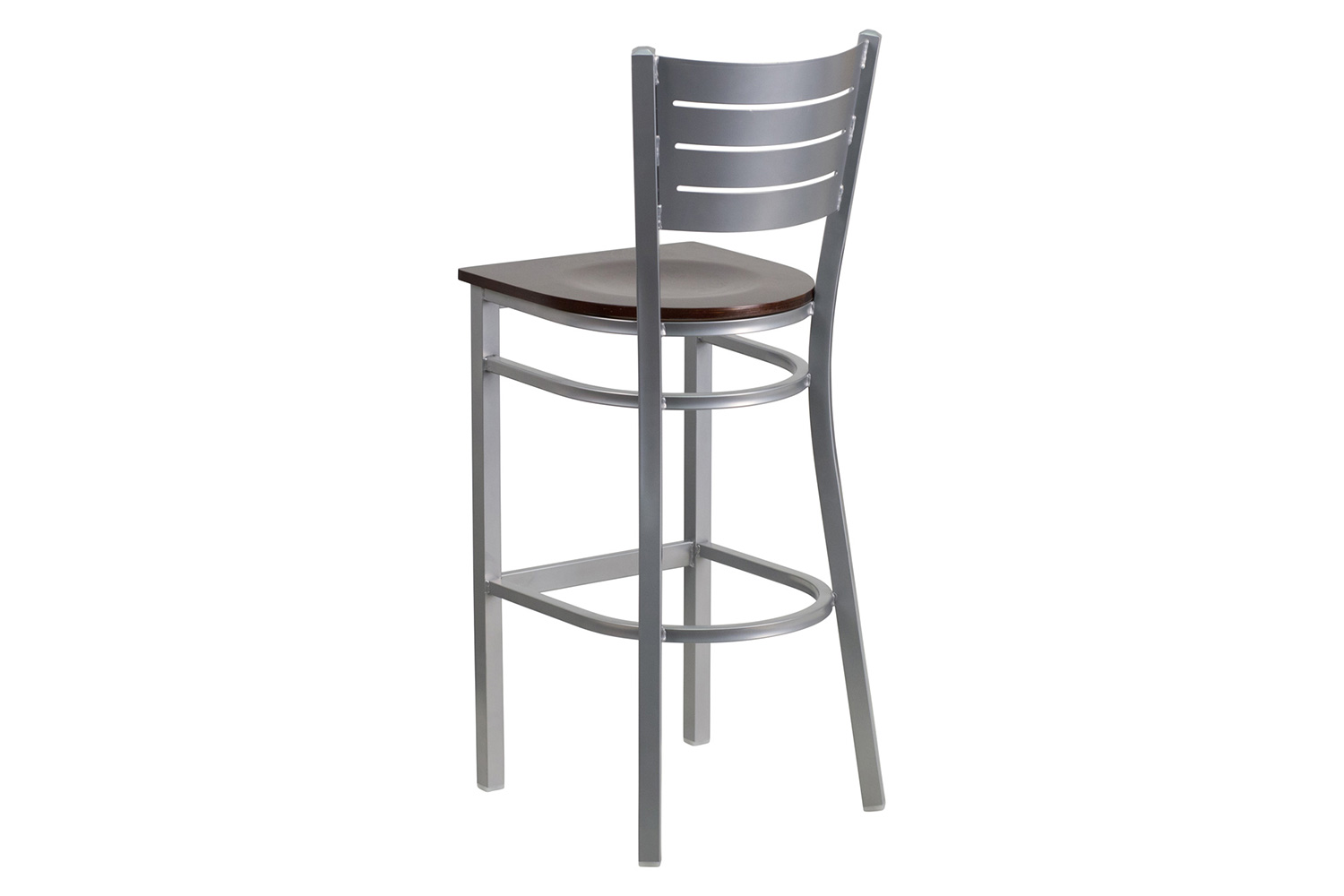 BLNK HERCULES Series Silver Metal Slat Back Restaurant Bar Stool with Wood Seat - Walnut