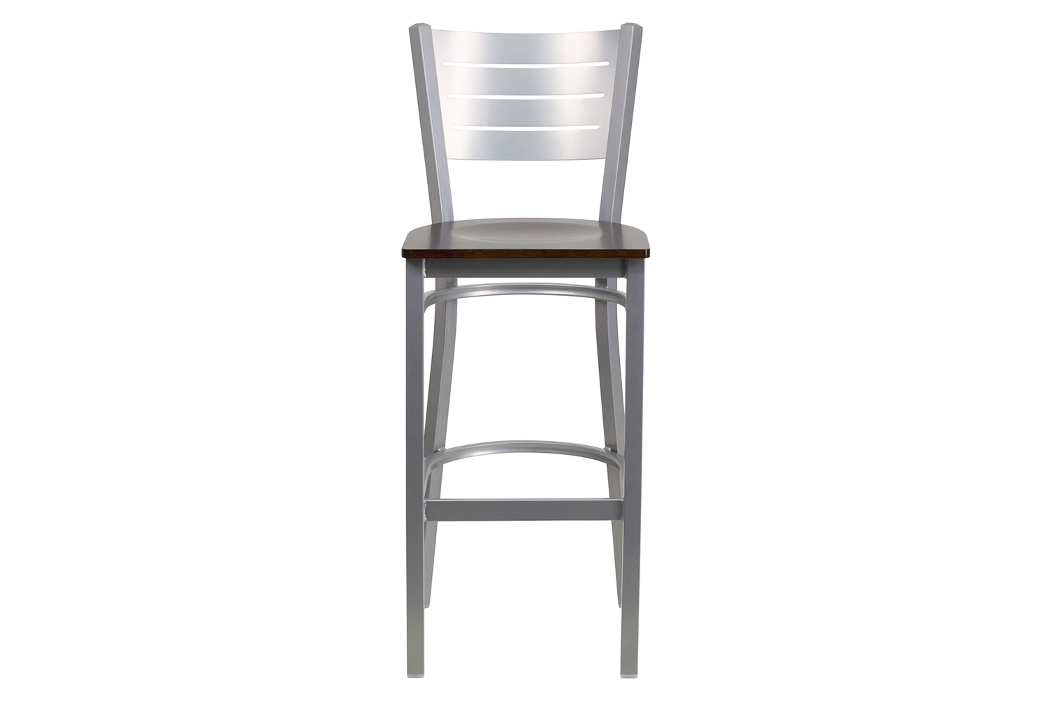 BLNK HERCULES Series Silver Metal Slat Back Restaurant Bar Stool with Wood Seat - Walnut