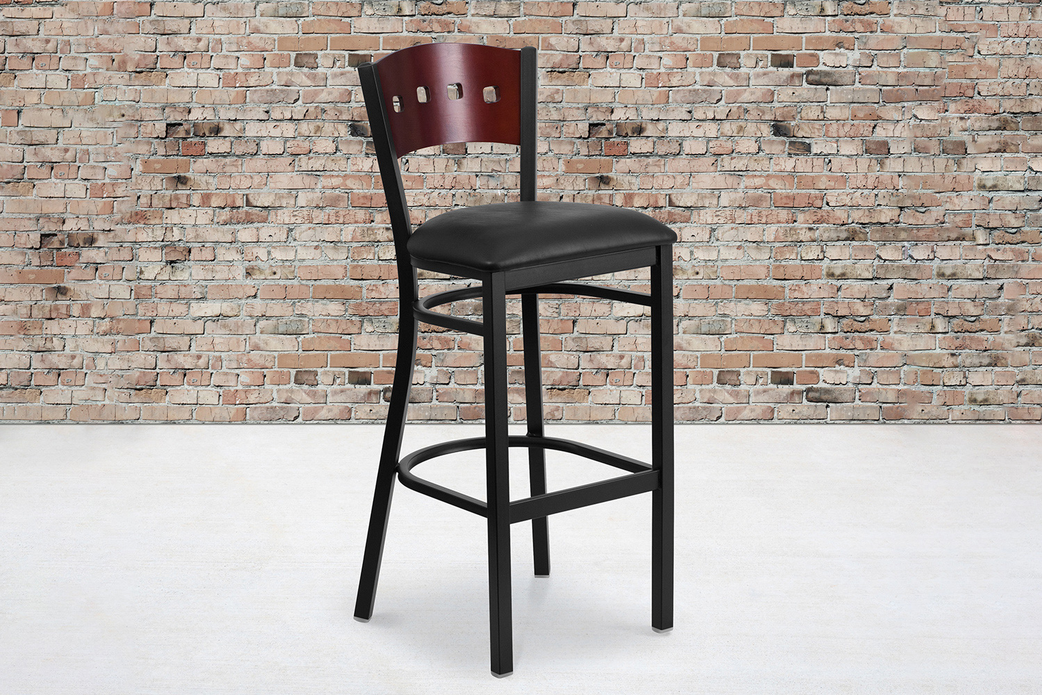 BLNK HERCULES Series Black Metal 4 Square Back Restaurant Bar Stool with Mahogany Wood Back and Vinyl Seat